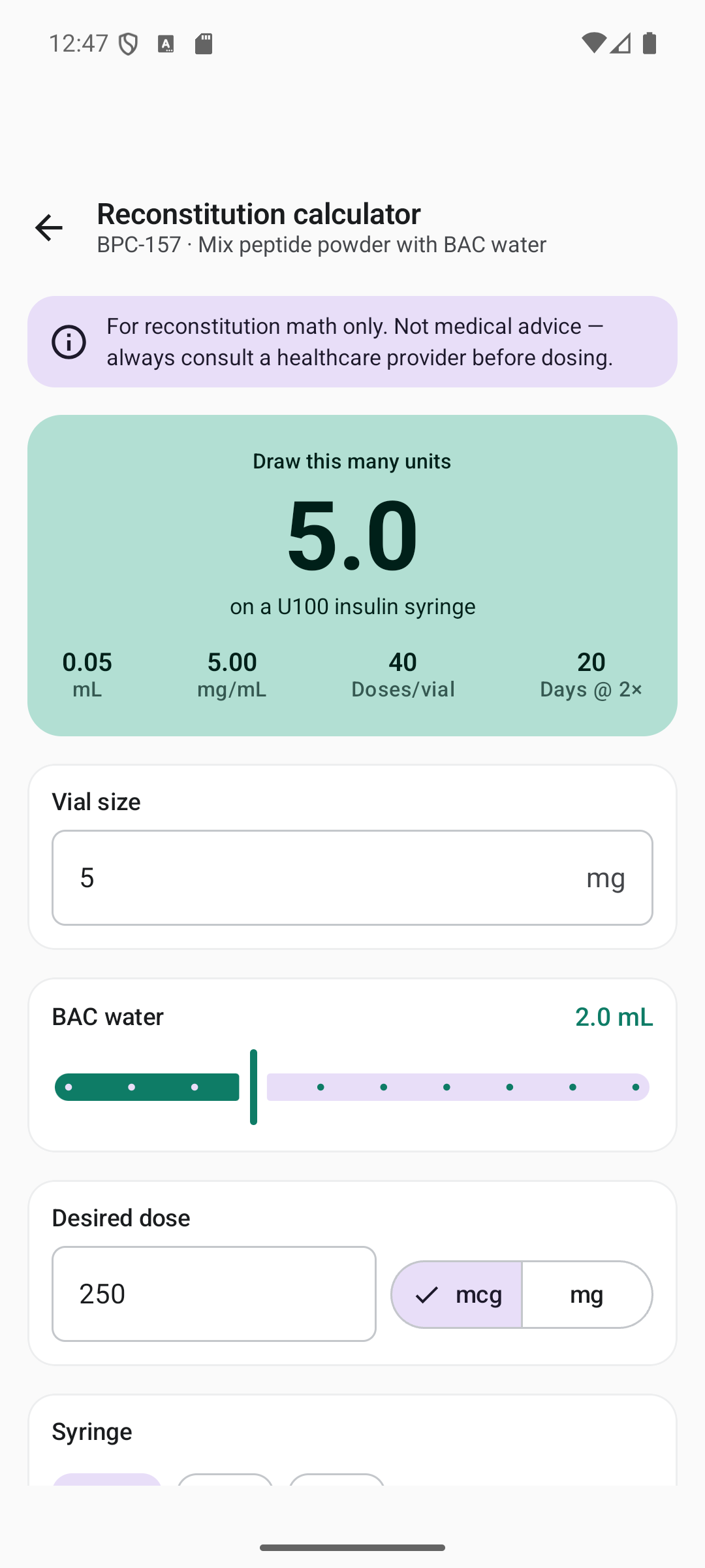 Reconstitution calculator showing 5.0 units to draw from a 5 mg vial
