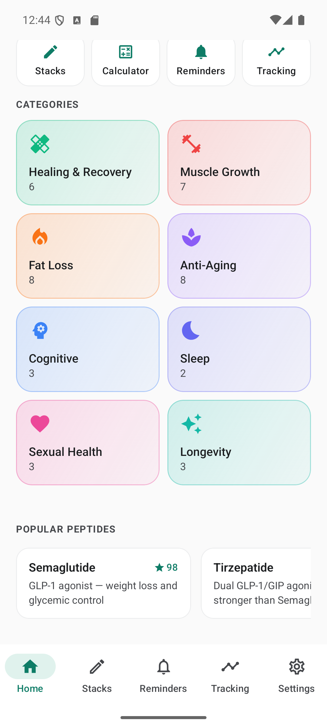 Peptora app home screen showing eight peptide categories