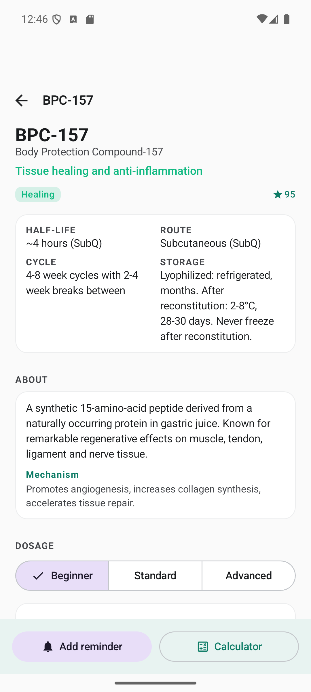 BPC-157 peptide detail with half-life, cycle, mechanism and dosage selector