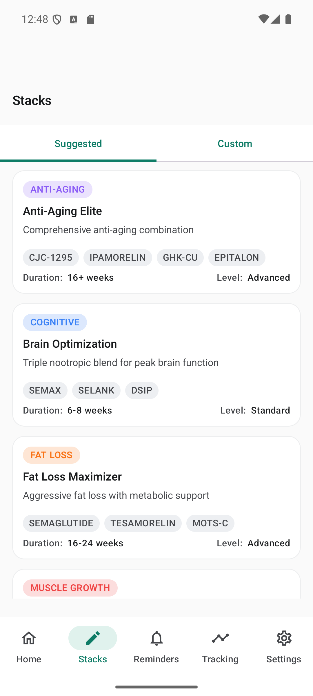 Stack list with Anti-Aging Elite, Brain Optimization, Fat Loss Maximizer