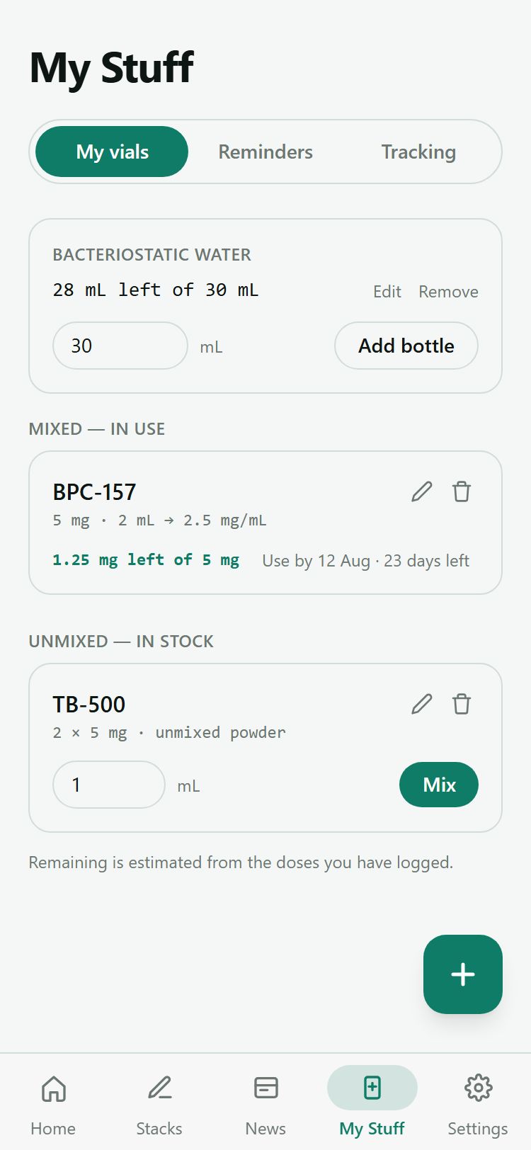 My Vials list with mixed and unmixed vials