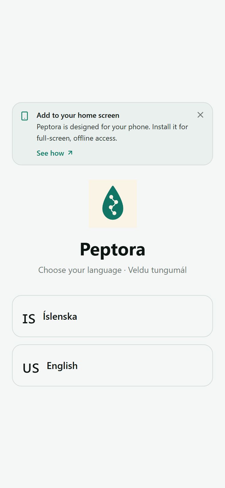 Uppsetningarskjár Peptora við fyrstu ræsingu