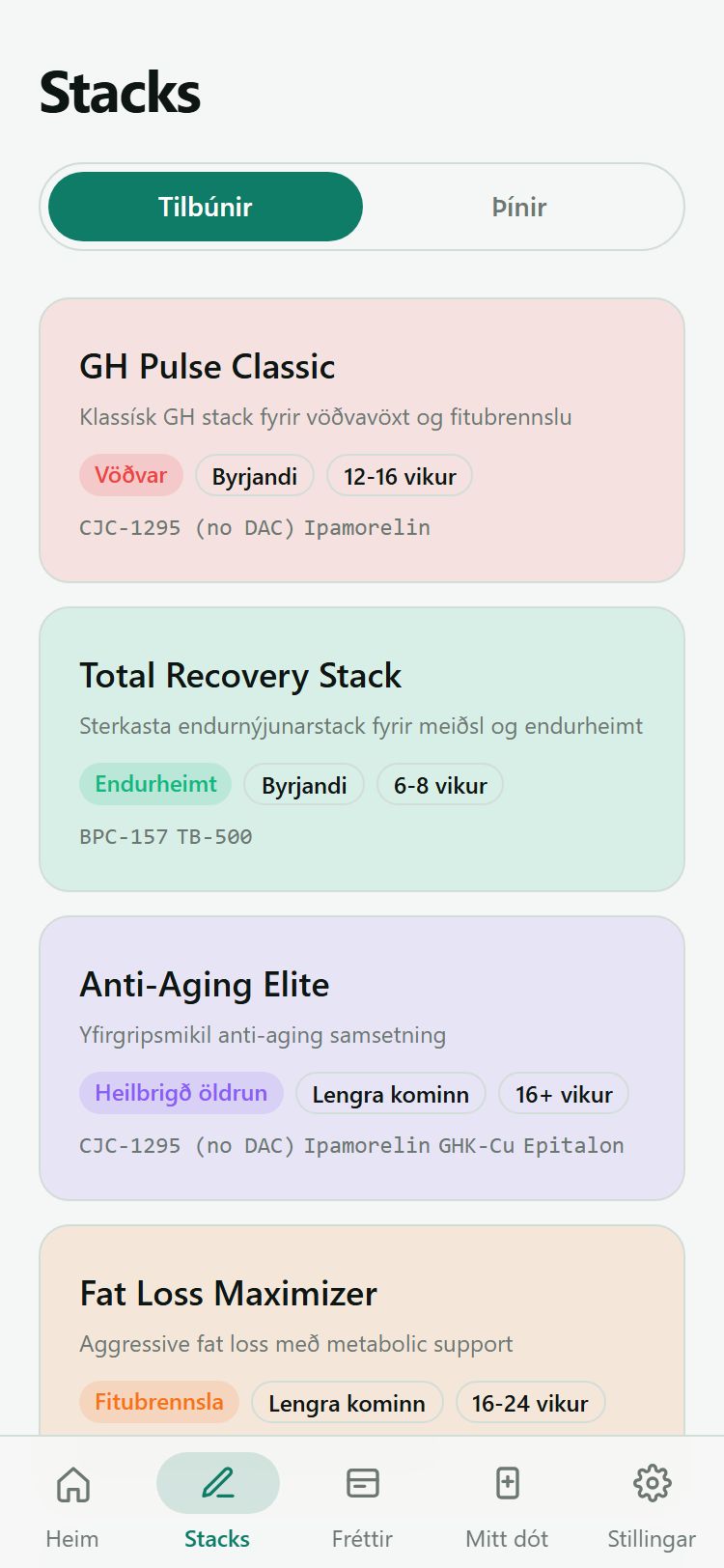 Listi yfir tilbúna stacka með markmiðsmerkjum
